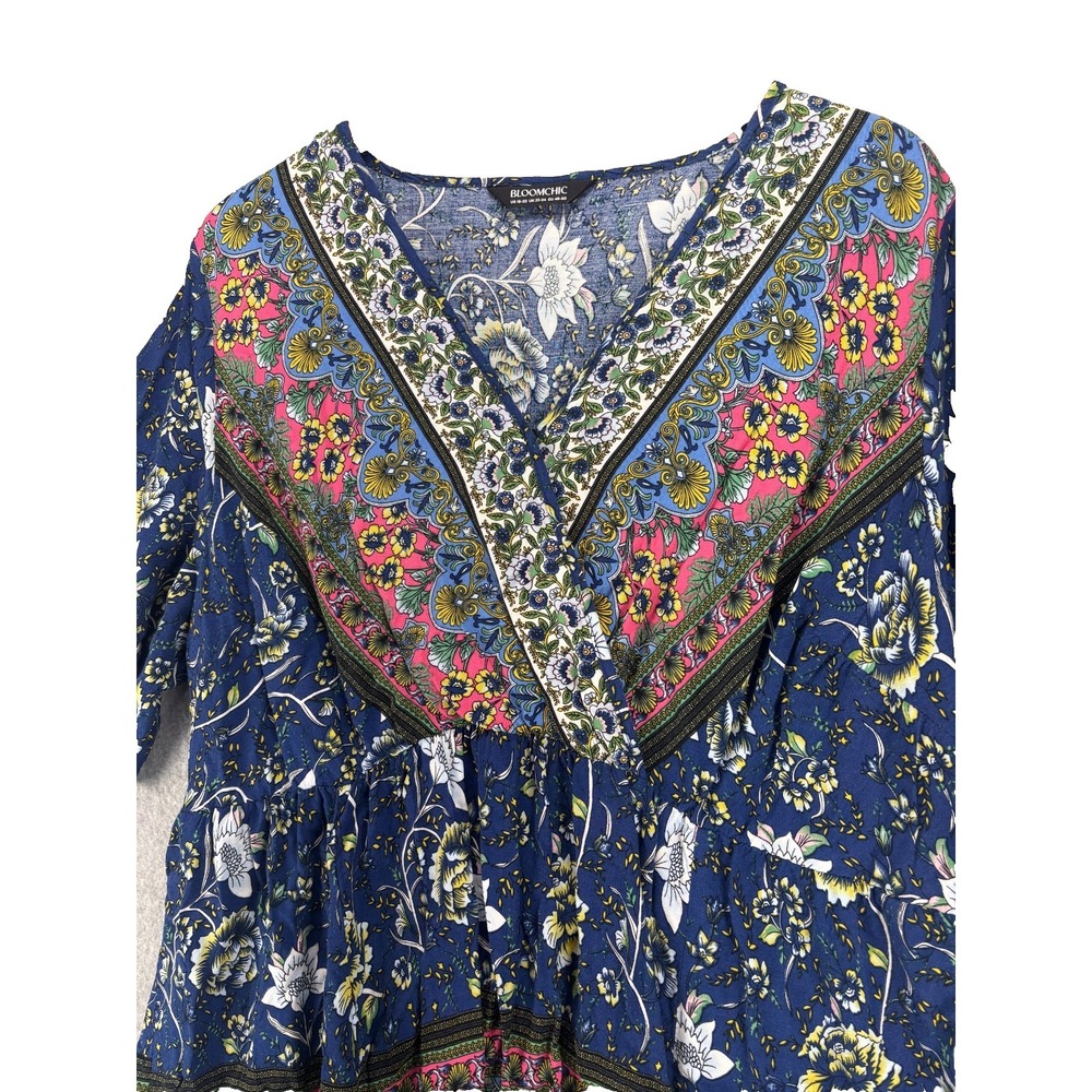 Boho Floral V Neck Tunic Festival Resort Top Blue Bell Sleeve Womens 18-20 Plus - Picture 4 of 13